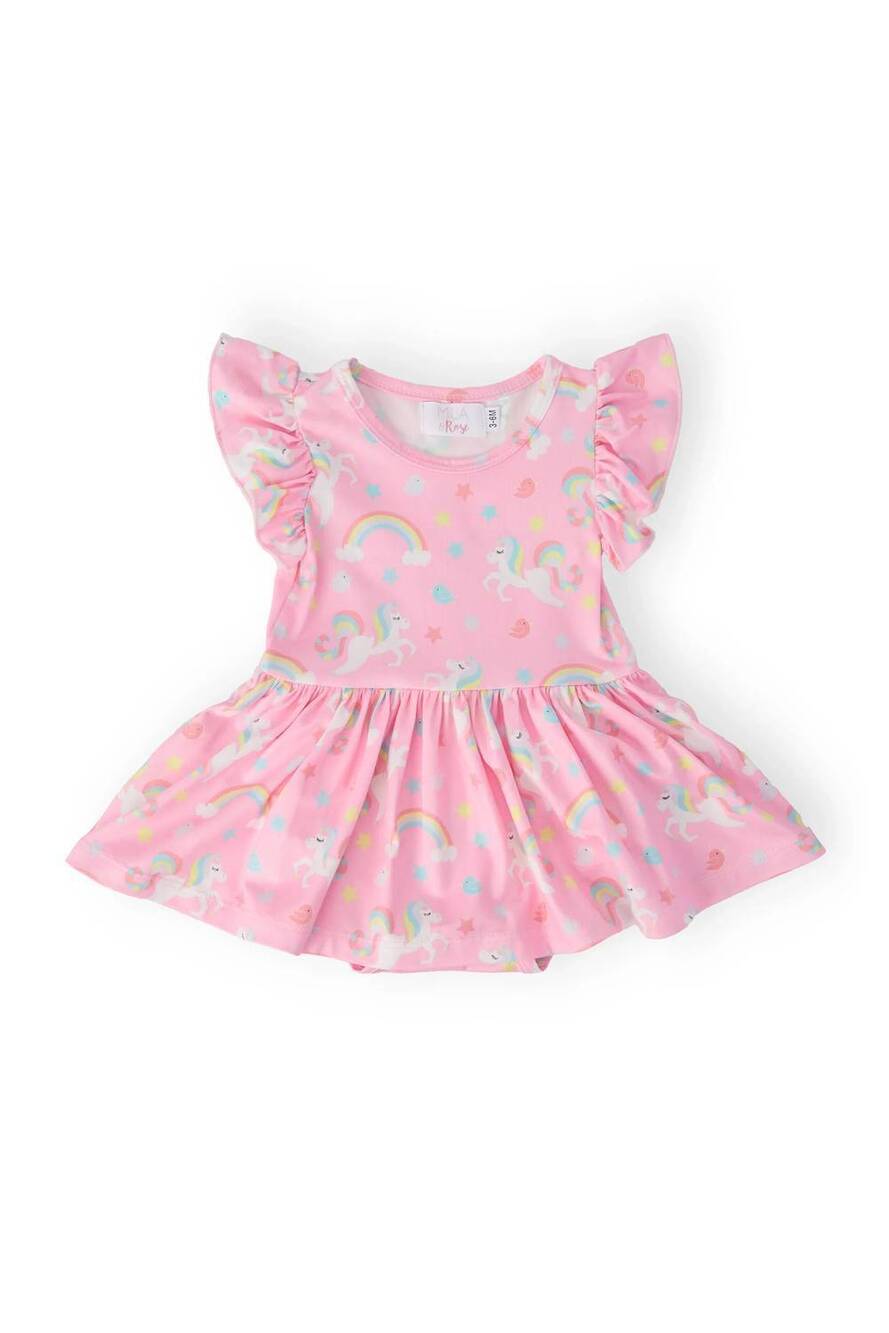 NEW MILA & ROSE girls little unicorn flutter sleeve twirl bodysuit in pink